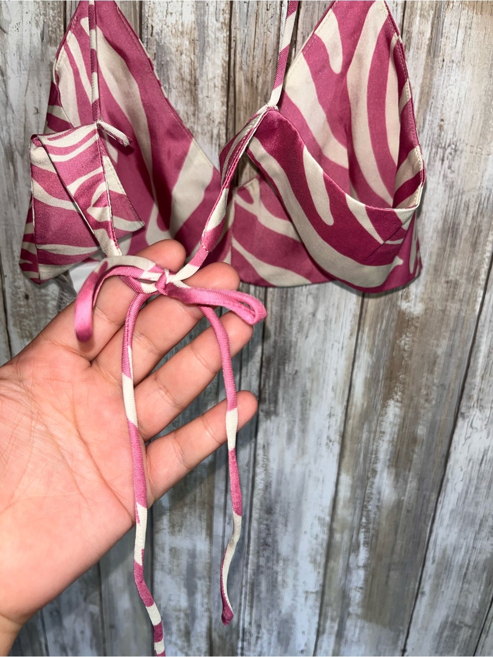 Zara Pink White Zebra Print Satin Crop Top Tie Back Bralette XL NWT - Picture 5 of 6